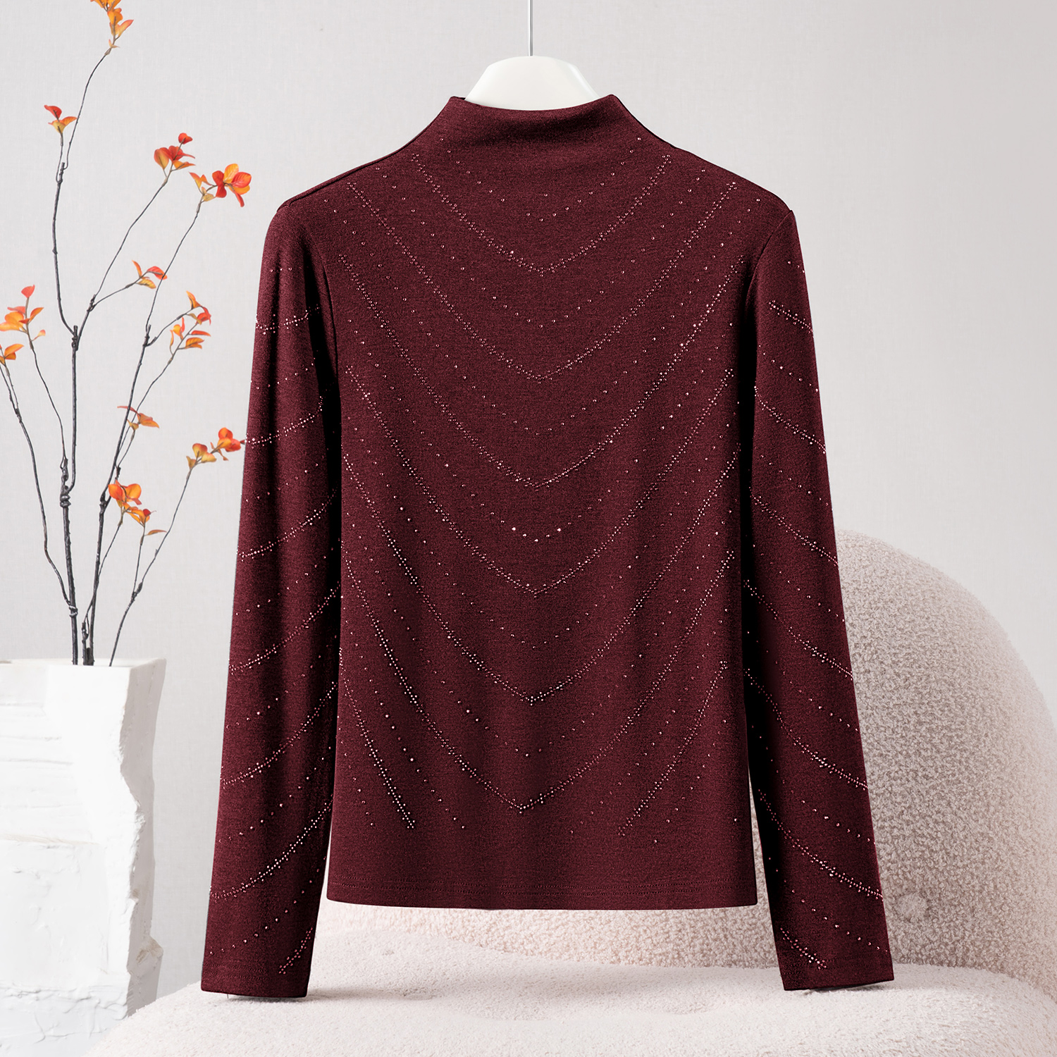 高智风半高领长袖烫钻T恤女秋冬季2025新款显瘦洋气质打底衫上衣