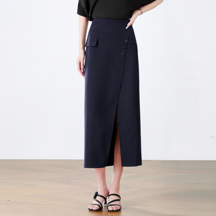 藏青色不规则前侧开叉半身裙女夏2026春秋新款西装包臀裙直筒长裙