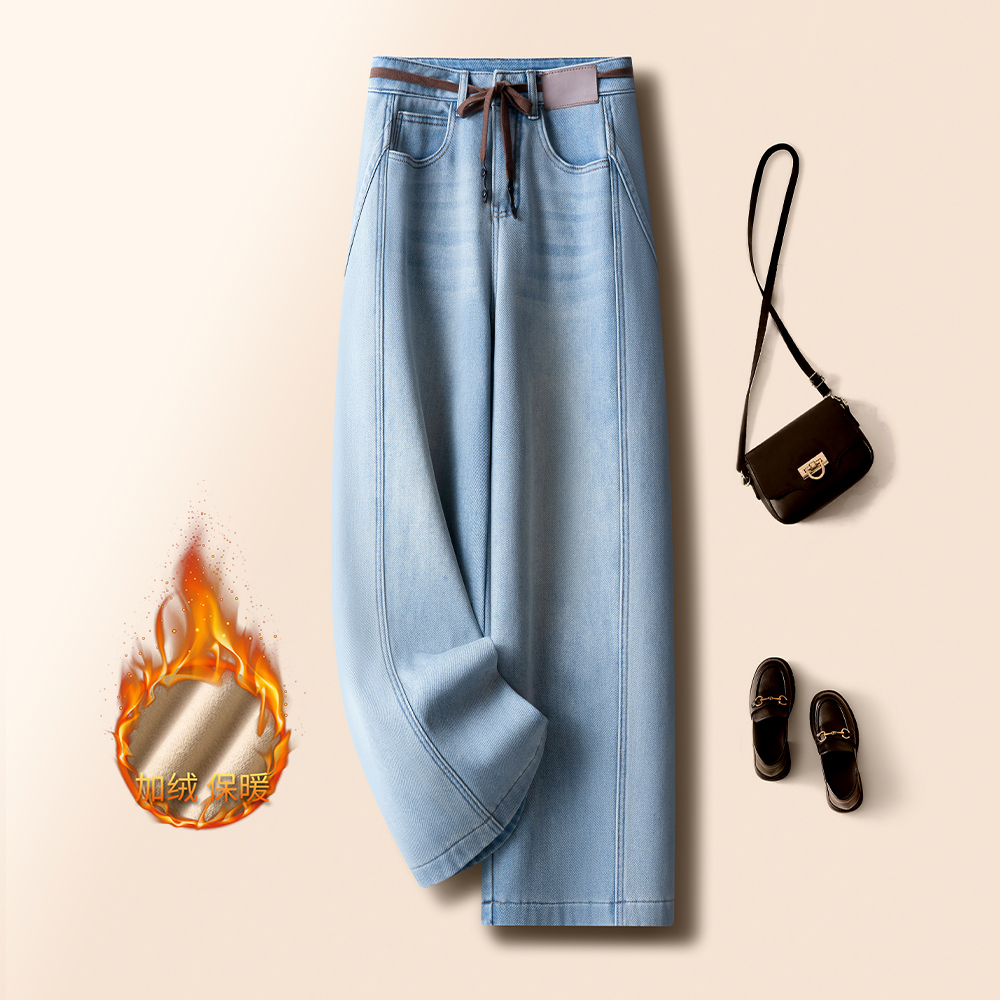 浅蓝色水洗棉加绒牛仔裤女冬季2025新款欧货休闲直筒裤宽松阔腿裤