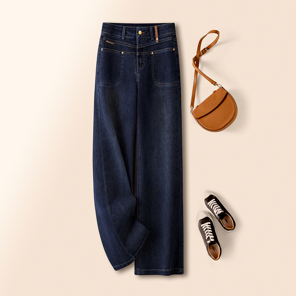 丹宁蓝阔腿裤薄绒牛仔裤女秋冬2025新款小个子拖地裤休闲直筒裤子