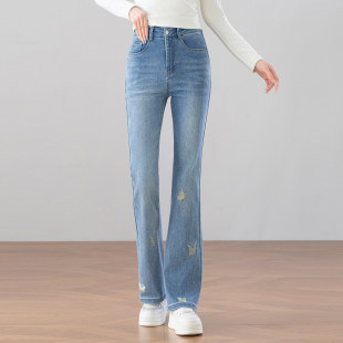休闲喇叭长裤 微弹烫钻刺绣微喇牛仔裤 高腰显瘦修身 2026新款 女春季