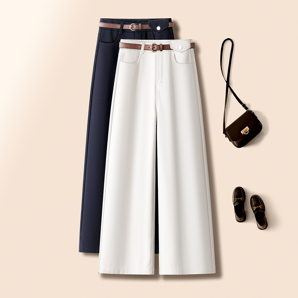 白色纯棉高腰配腰带休闲直筒裤女春季2025新款宽松百搭牛仔阔腿裤