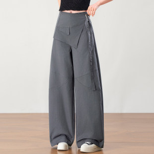 裤 独特设计感高腰阔腿长裤 灰色屁帘遮肉休闲工装 新款 女2026年春季