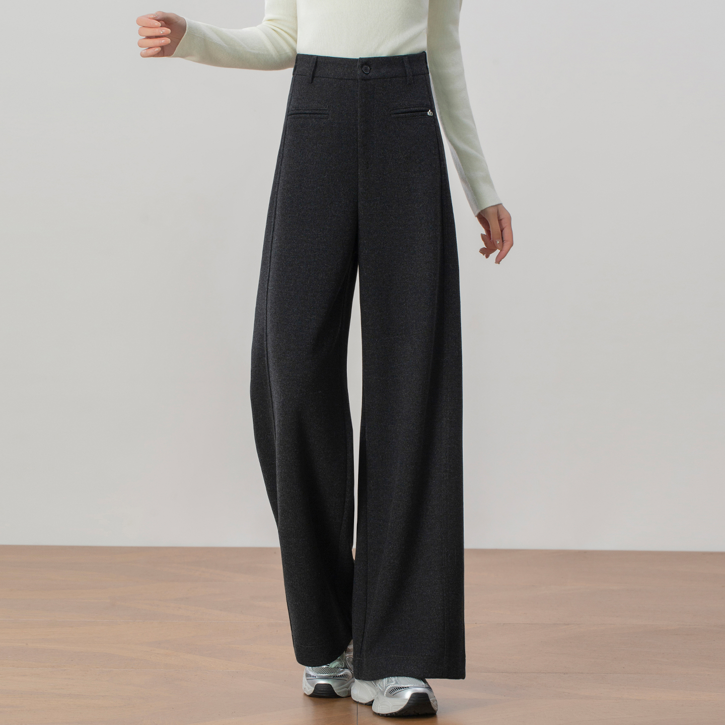 窄版羊毛呢高腰显瘦阔腿裤女2025冬新款松紧后腰垂坠感直筒休闲裤