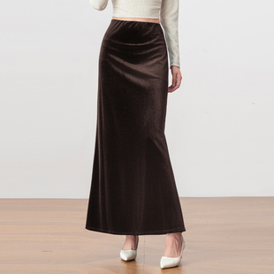 醋酸丝绒气质优雅包臀半身裙女2025秋季 侧开叉高腰显瘦鱼尾裙 新款