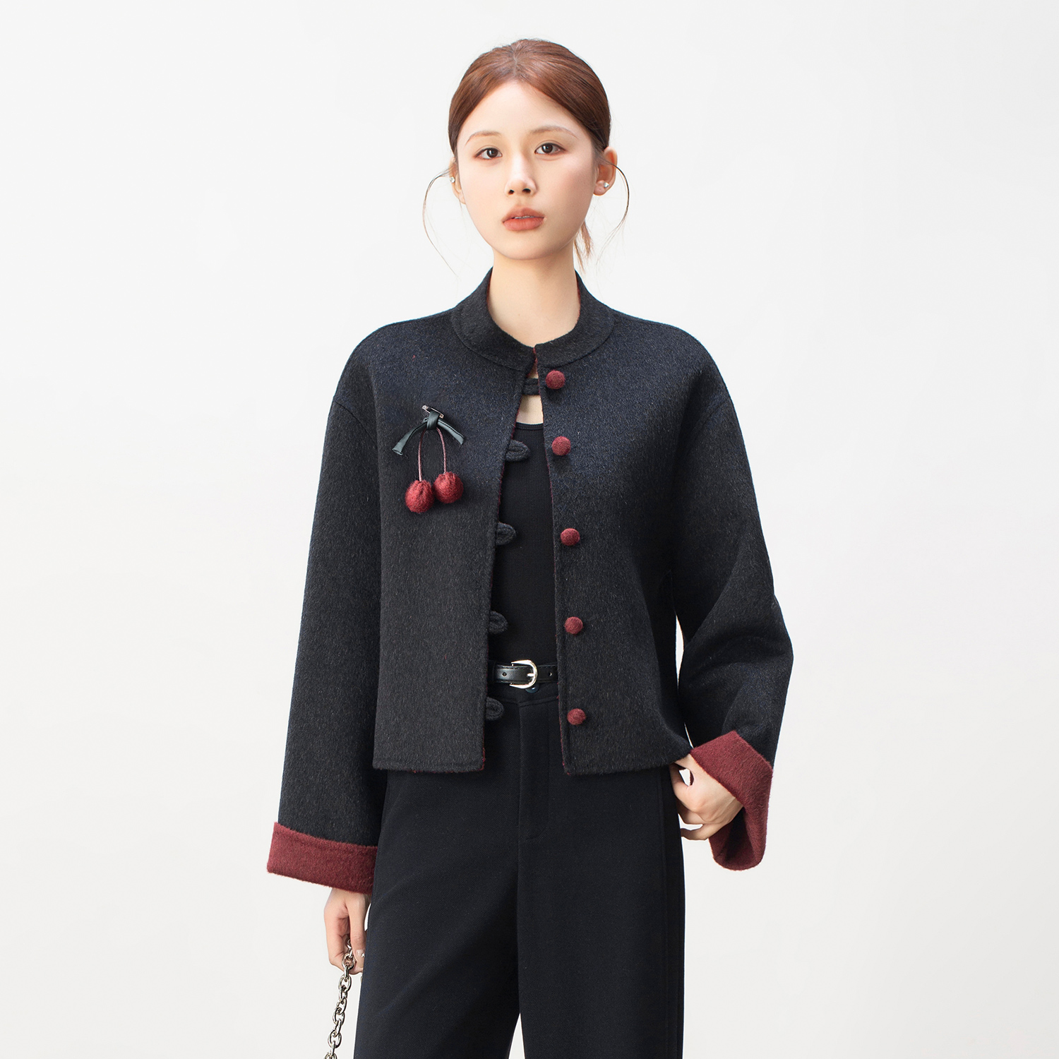 新中式国风拼色羊毛大衣短款女秋冬季2025年新款小个子双面呢外套