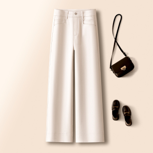 休闲百搭宽松阔腿裤 2026新款 女春季 米白色高腰垂感牛仔九分直筒裤