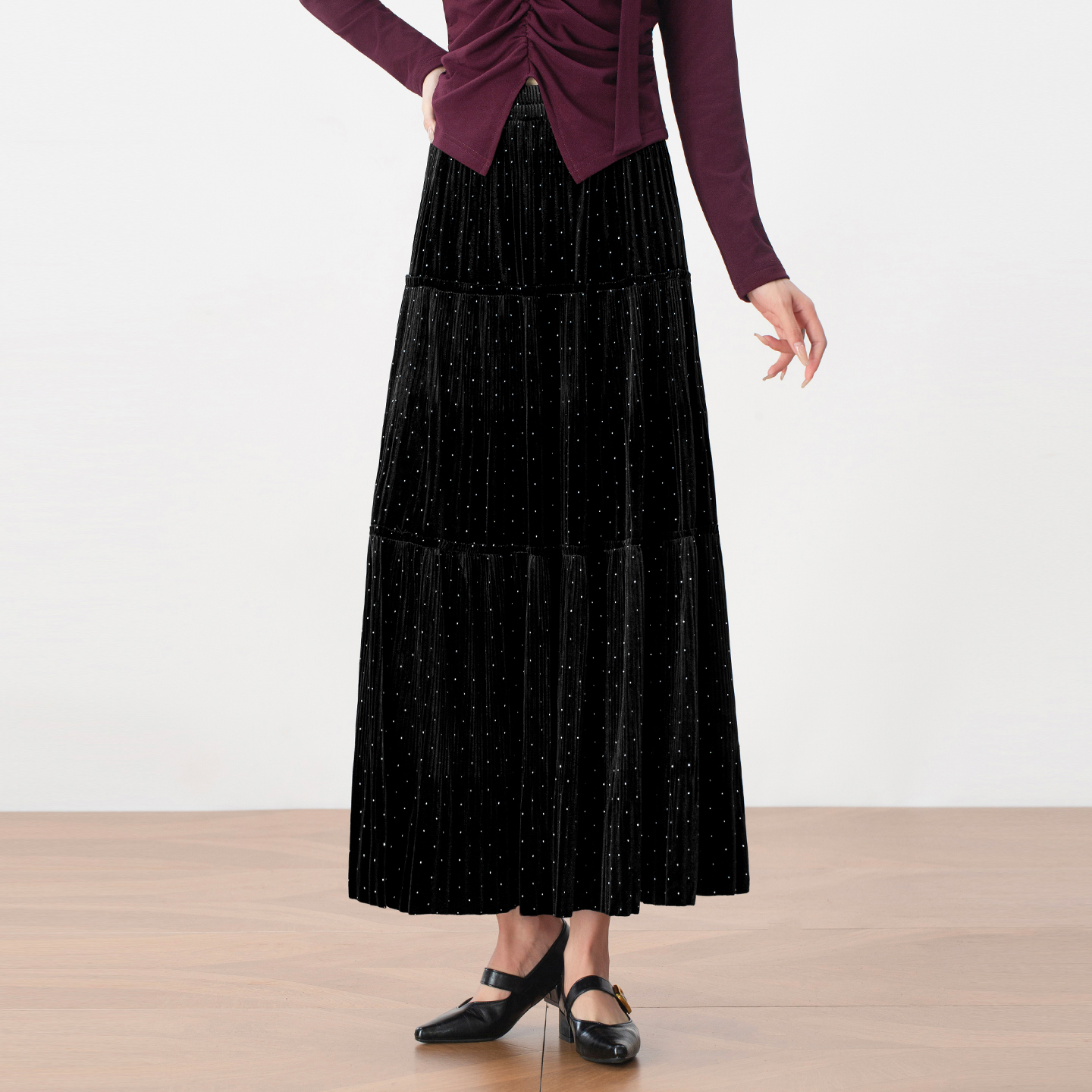 重工烫钻丝绒蛋糕半身裙女2025秋冬新款高腰显瘦A字长裙大摆伞裙