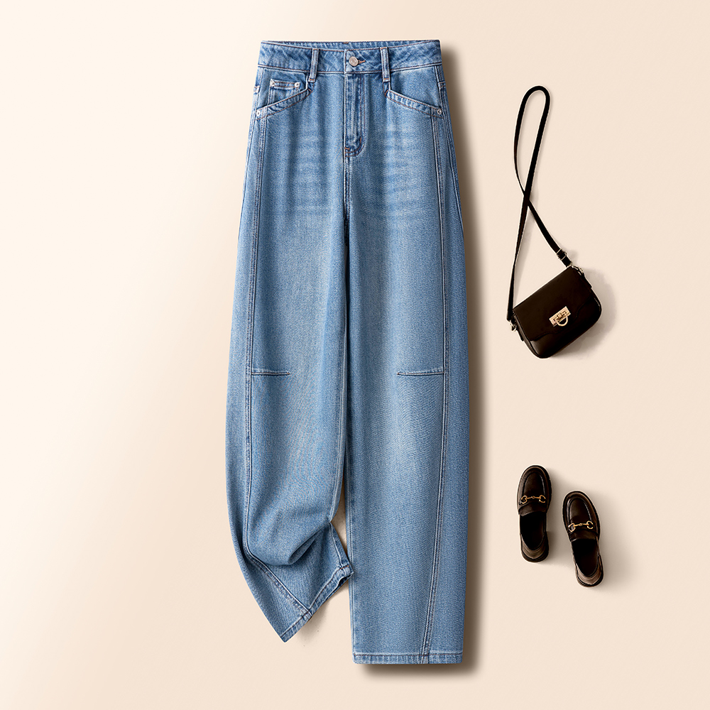 浅蓝色牛仔弯刀裤女春季2025新款高腰显瘦香蕉裤洗水棉宽松镰刀裤
