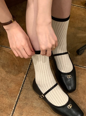 奶油条纹镂空网眼透气女堆堆袜