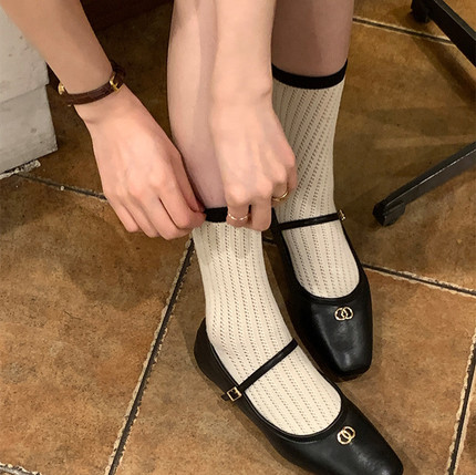 富家千金*镂空网眼袜口撞色中筒袜凉感透气ins女夏季奶油色堆堆袜