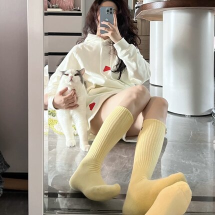 少女温柔梦*柠檬黄宽条双针堆堆袜复古纯色高品质长袜粗纹小腿袜