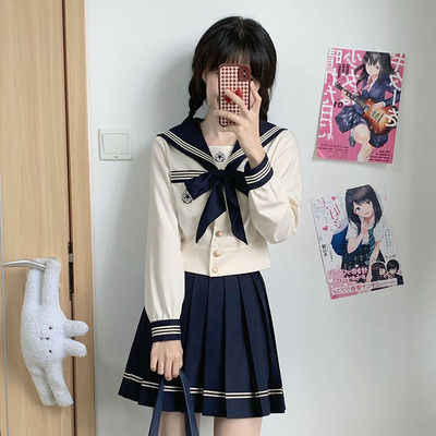 元兮少女  椿樱女子原创jk制服奶白身绀色三本长袖校供收腰水手服
