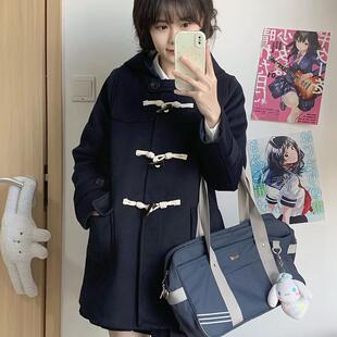 元 jk制服原创日系学院风连帽牛角扣冬大衣小个子毛呢外套 兮少女