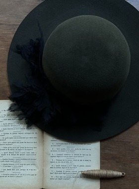 禾创社小众秋冬礼帽系列流苏毛边布艺装饰墨绿色圆顶宽檐兔毛帽子