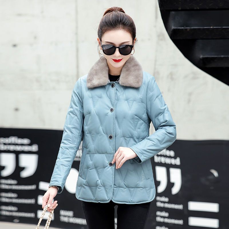 海宁真皮羽绒服女短款修身韩版2025新款冬季绵羊皮衣水貂毛领外套