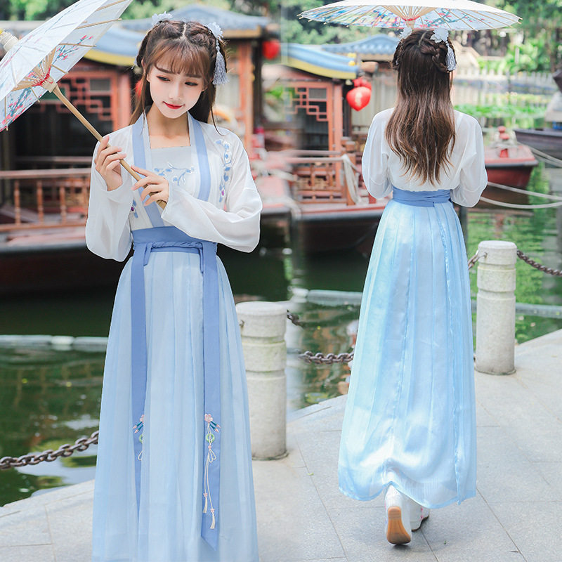 特价包邮夏季日常汉元素演出服改良汉服绣花对襟褙子齐腰襦裙套装