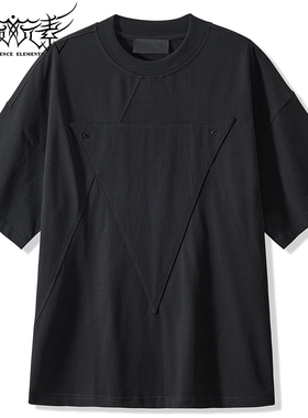 夏新品高街ins洗水做旧拼接短袖暗黑色重磅男女宽松oversizeT恤