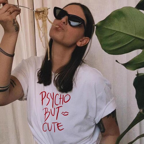神经质但很可爱psycho but cute字母印花宽松纯棉短袖t恤女上衣潮