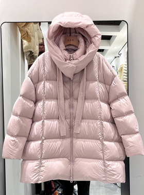 2025女新国标95白鸭绒中长款飘带羽绒服宽松保暖时尚带帽鸭绒外套
