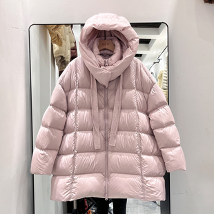 2025女新国标95白鸭绒中长款飘带羽绒服宽松保暖时尚带帽鸭绒外套