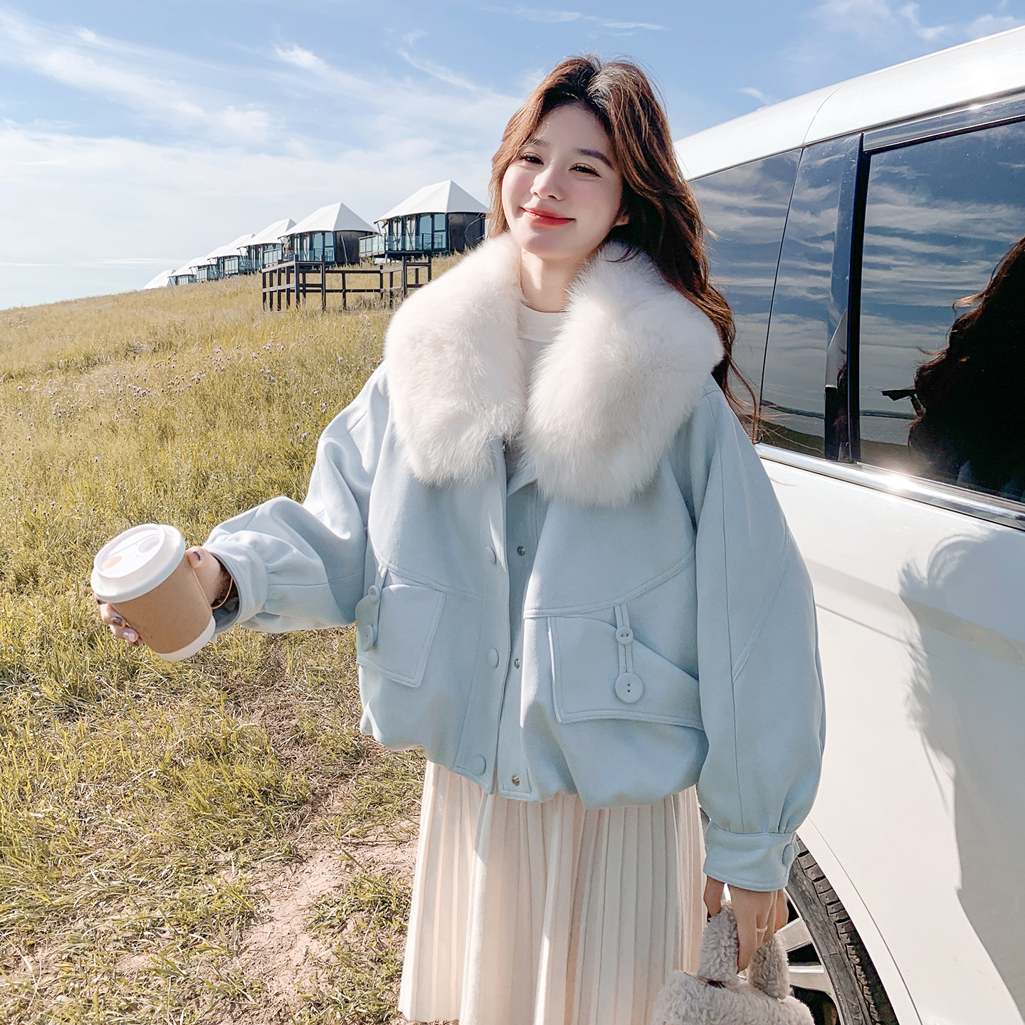 今年流行特惠实拍蓝色气质毛领短麂皮绒短羽绒服2025冬韩系甜美