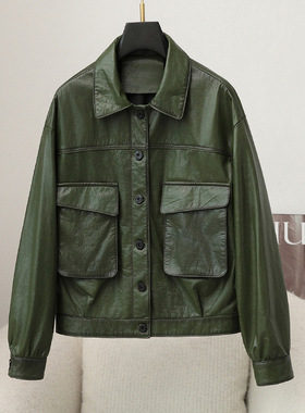 今年流行特惠2025秋冬新款真皮皮衣女复古军绿色小牛皮高端海宁