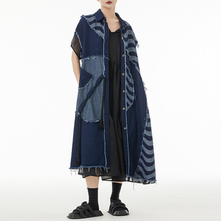 今年流行特惠美式 宽松撞色拼补丁 复古条纹牛仔马夹外套女春秋新款