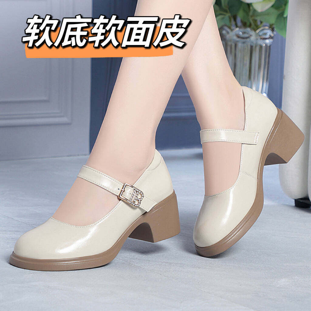 真皮走秀高跟鞋不累脚玛丽珍女鞋软底舞蹈鞋女士皮鞋妈妈中跟单鞋