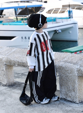 Jimmy妈童装【反叛街头】春季·竖条纹假两件前后印花长袖T恤