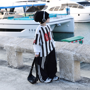 Jimmy妈童装 春季 ·竖条纹假两件前后印花长袖 T恤 反叛街头