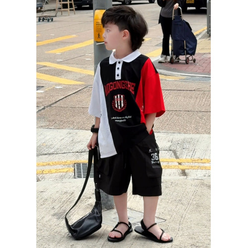 Jimmy妈童装【丹玄撞序】夏季·美式印花拼色短袖T恤Polo衫