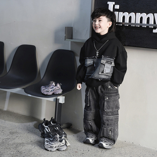 Jimmy妈童装【掌控全局】冬季新款儿童拼接牛仔水洗加绒连帽卫衣