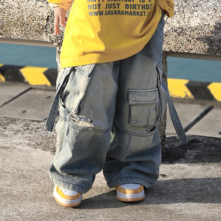 Jimmy妈童品【潮酷男孩】春季新款儿童多口袋破洞飘带水洗牛仔裤