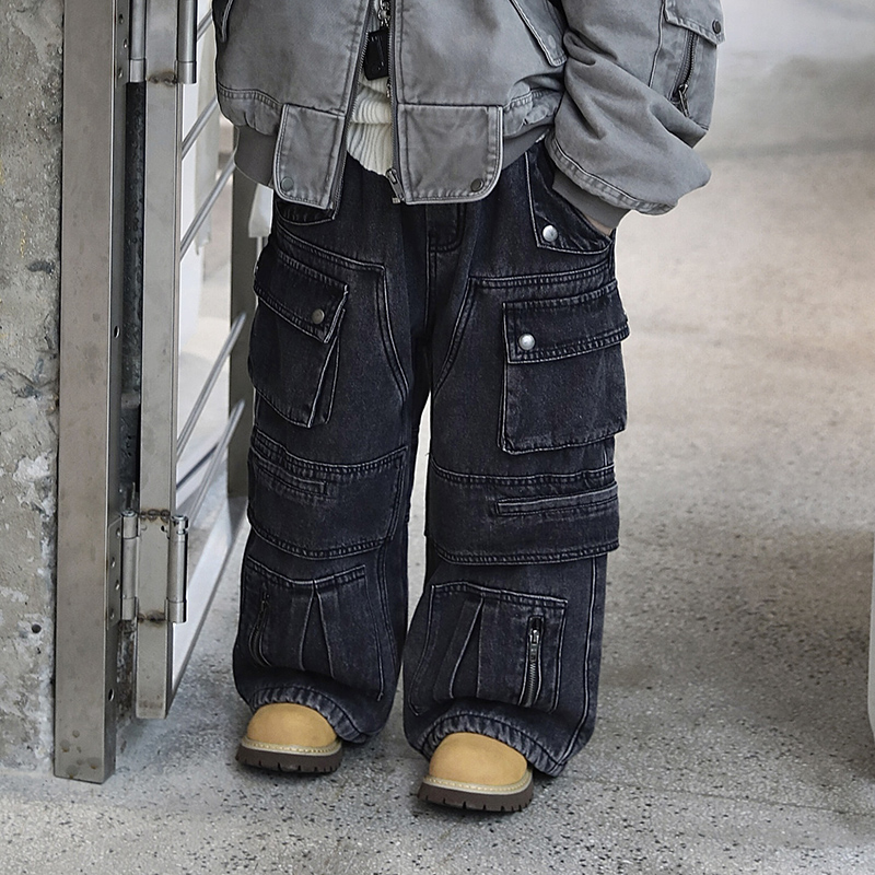 Jimmy妈童装【全场焦点】儿童重工加绒多口袋牛仔裤长裤