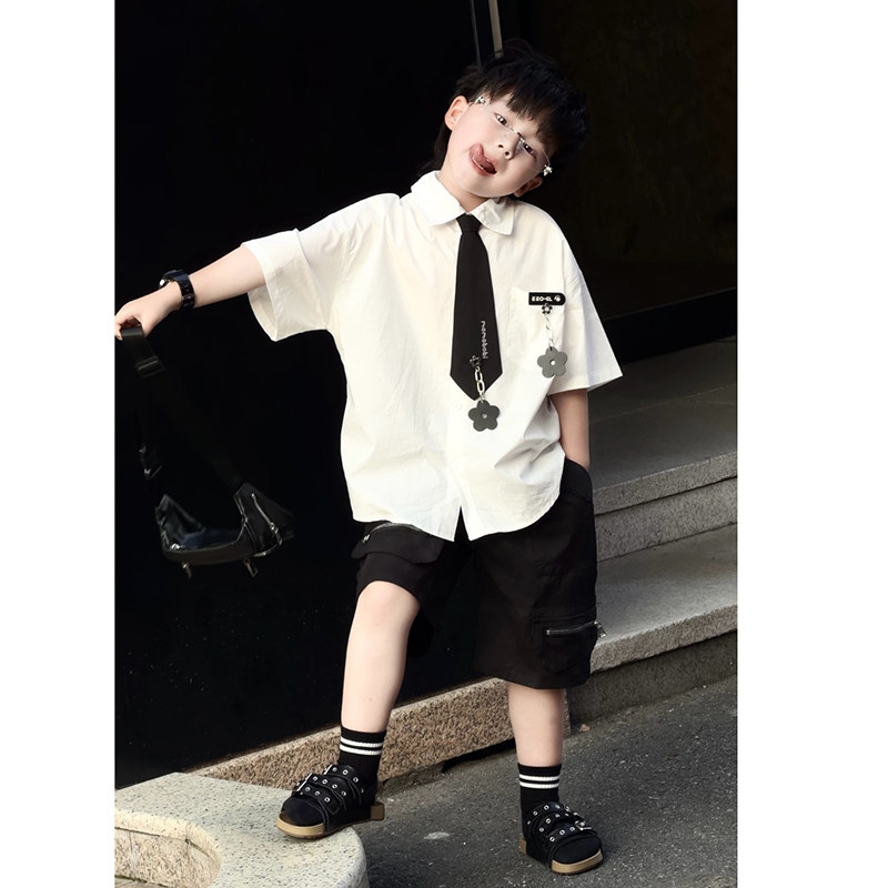 Jimmy妈童装【星耀生辰】夏季·链条花朵领带短袖衬衫