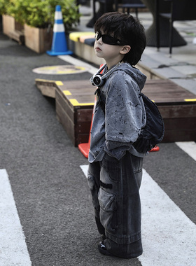 Jimmy妈童装 月球表面 春季新款儿童斑灰色设计款面料连帽长袖T恤