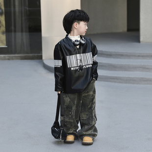 Jimmy妈童装【酷飒统治区】秋季新款儿童V领蛋白软皮长袖上衣卫衣