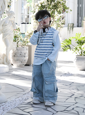 Jimmy妈童装【幽兰绮梦】春季·蓝色条纹背心长袖打底衫