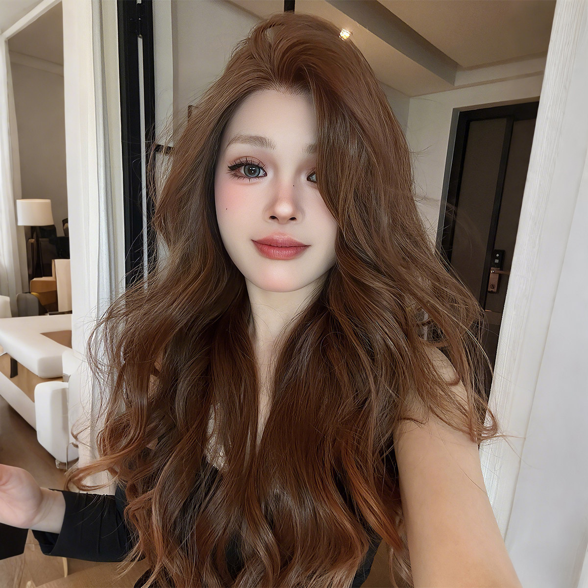 《玫瑰的故事》巧克力棕色蕾丝卷假发女全头套中分大波浪微卷长发