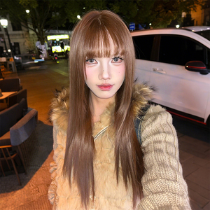 《欲系嗲妹》假发女全头套日常高层次齐刘海长直发巧克力自然棕色