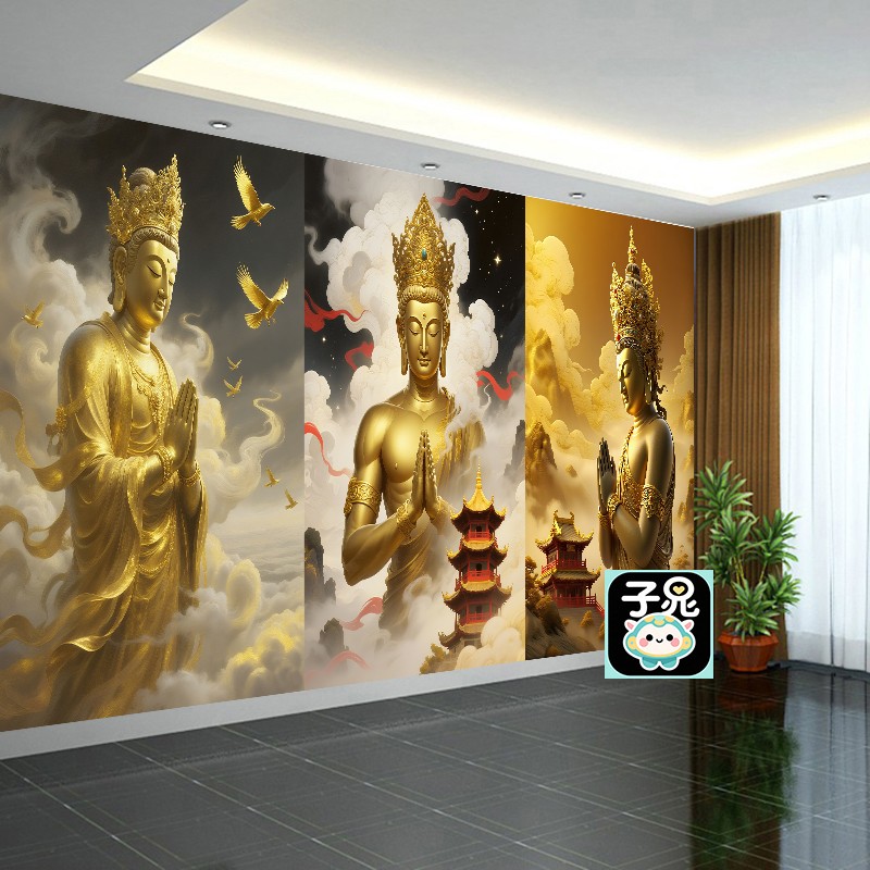 中式3d金色佛像图案墙纸背景墙壁画装饰背景布佛堂壁纸寺庙墙布
