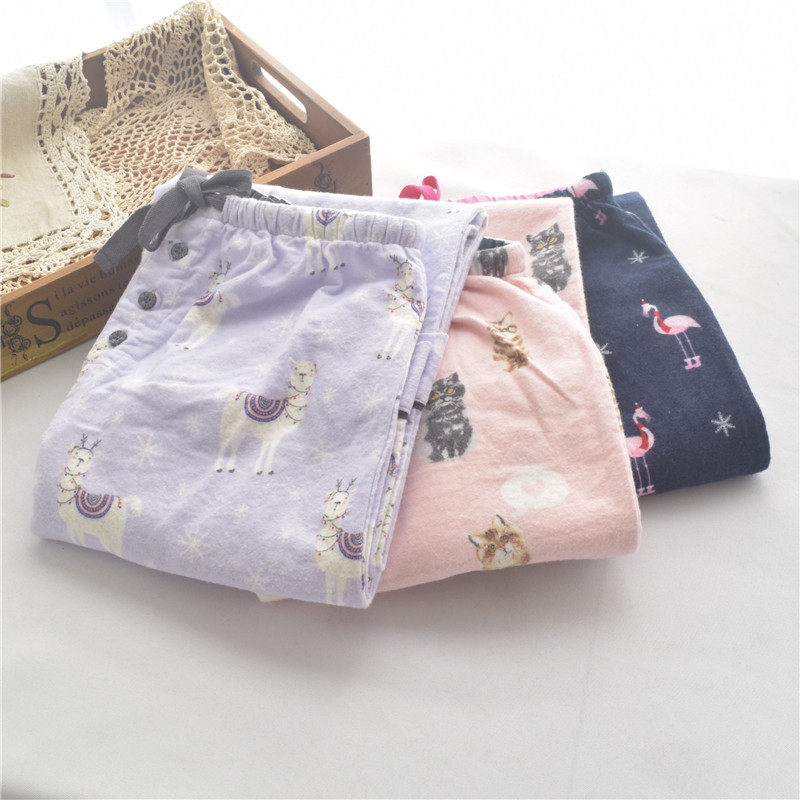 春秋新款全棉长裤女可爱羊驼猫咪火烈鸟裤子磨毛绒布宽松家居睡裤