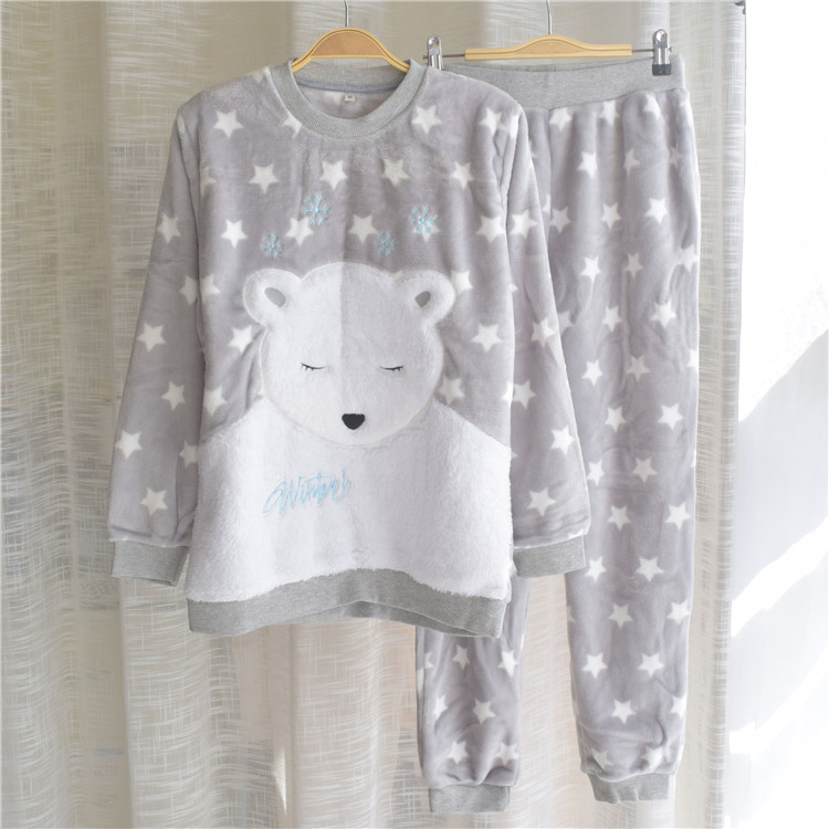 女冬秋珊瑚绒睡衣可爱动物套头上衣收口长裤保暖家居服清仓特价
