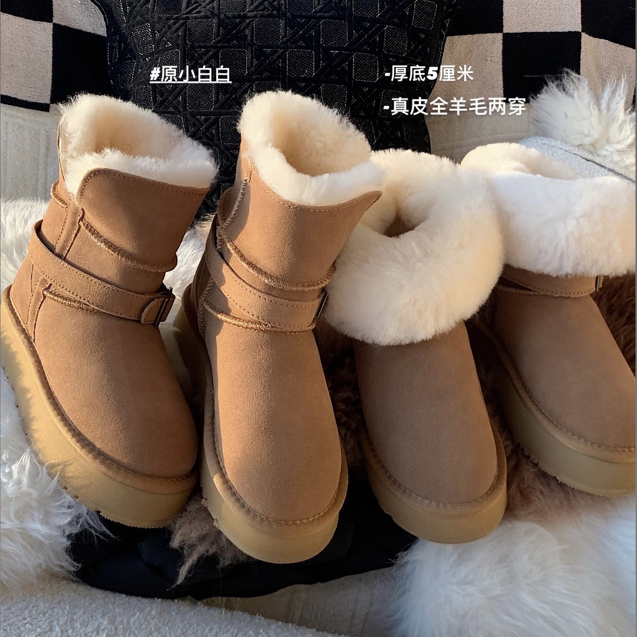 原小白白真皮羊毛雪地靴扣带厚底毛毛翻边保暖棉鞋中长筒雪地靴,女鞋,时尚雪地靴,淘宝优惠券,粉丝福利购,淘宝优惠卷