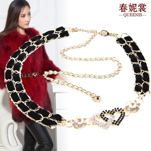 时尚 百搭女士镶钻连衣裙配饰毛衫 新皮草专用腰链 饰腰带韩版 金属装
