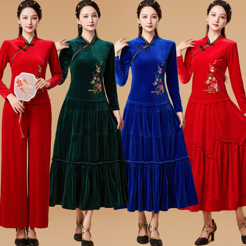 中老年广场舞服装舞蹈演出服金丝绒长裙子女秋冬季表演古典舞套装