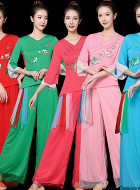 广场舞服装新款套装女春夏扇子舞喇叭袖民族风秧歌网纱裙古典演出