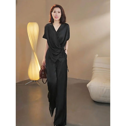 2845大码女装欧货醋酸缎面气质绑带v领上衣套装胖mm阔腿裤两件套