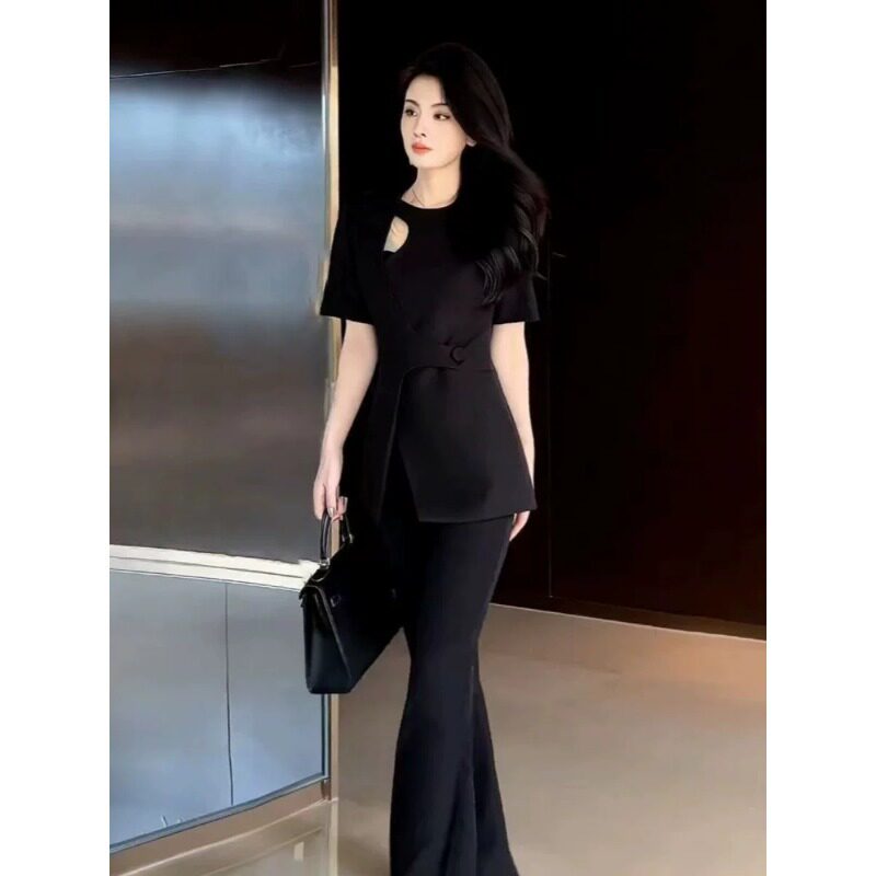 3031大码女装设计感外套套装女胖mm高级感职业轻奢微喇长裤两件套